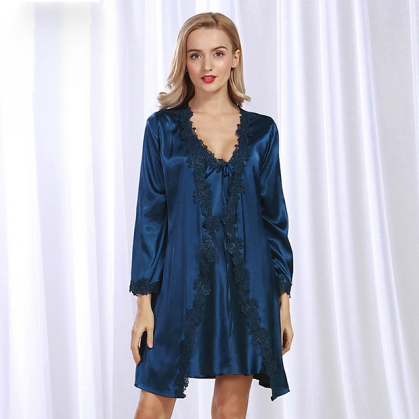 Womens Short Satin Lace Robe & Dress Pajamas Sets 5 Colors