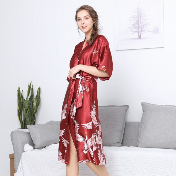 Womens Long Satin Robe Kimono Style Crane Print